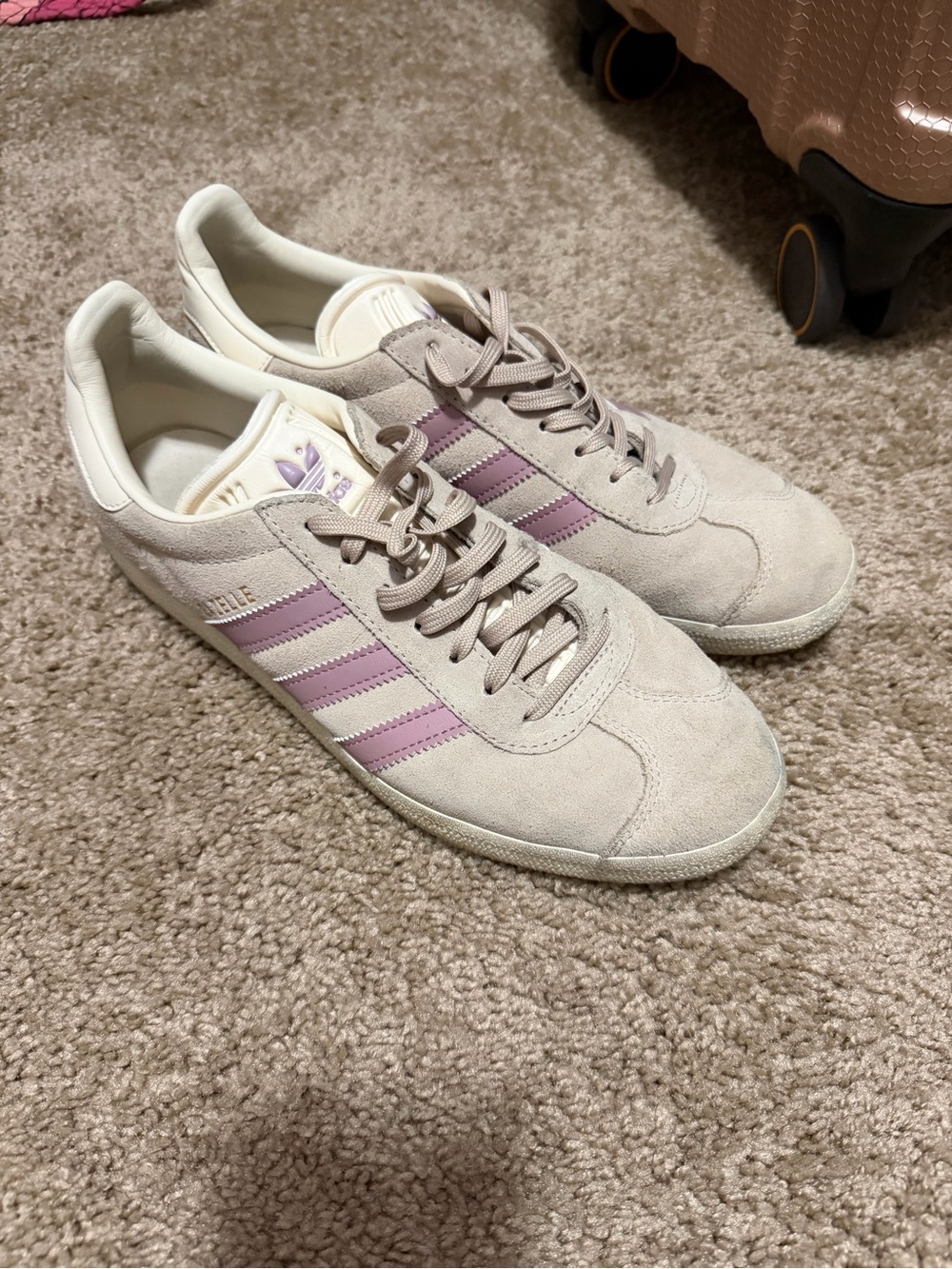 adidas Women's Suede Sneakers in Light Gray with Pink Stripes